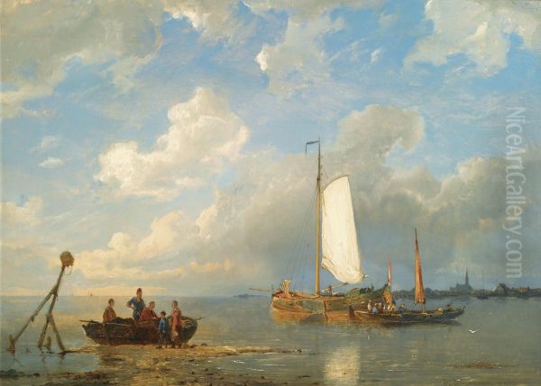 Shipping In A Dutch Estuary At Low Tide Oil Painting by Pieter Cornelis Dommershuijzen