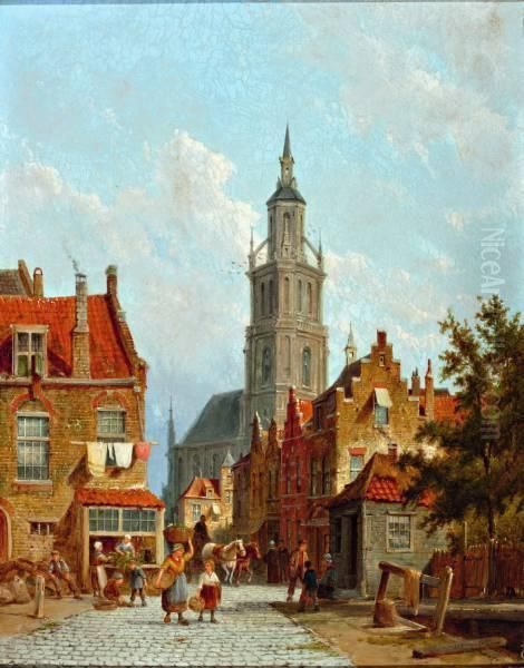 Figuren Op Straat Bij De Grote Of Onze-lieve-vrouwekerk Van Breda Oil Painting by Pieter Cornelis Dommershuijzen