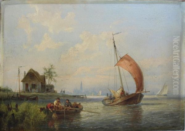 Fishermen Laying Traps In The Water Oil Painting by Pieter Cornelis Dommershuijzen