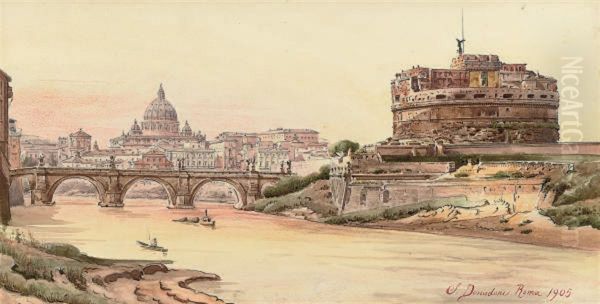 Dusk At The Castel Sant' Angelo, Rome Oil Painting by Stefano Donadoni