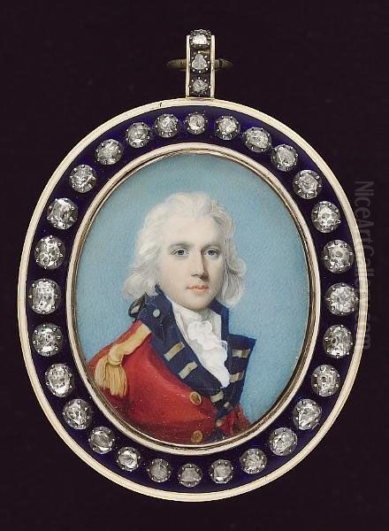 An Officer, Wearing Scarlet Coat With Blue Facings And Gold Epaulettes, White Waistcoat And Frilled Cravat, His Hair Powdered And Worn Oil Painting by John Donaldson