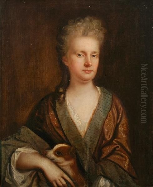 Portrait Of Hester, Lady Churchman, Half Length In Brown Satin Robe With Her Dog Oil Painting by Johann Daniel Donat