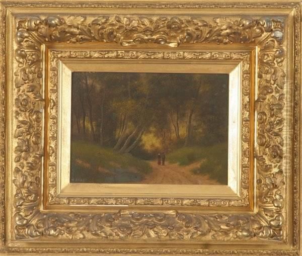 Two Figures On Path To The Forest Oil Painting by M. Donat