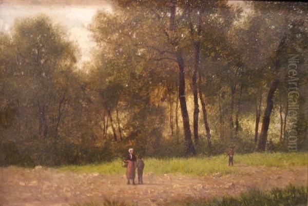 A Summer Landscape With Figures; A Winter Landscape With Figures (a Pair) Oil Painting by M. Donat