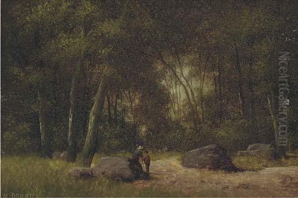 Figures In A Forest; And Another Similar Oil Painting by M. Donat