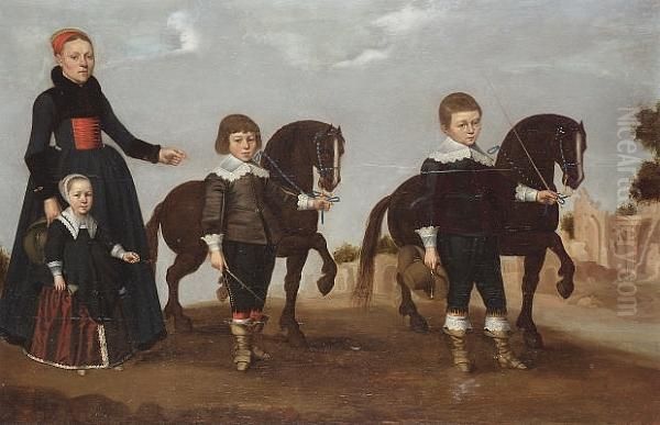 A Lady With Her Daughter And Two Sons With Tethered Miniature Horses, A View To Roman Ruins Beyond Oil Painting by Gerrit van Donck