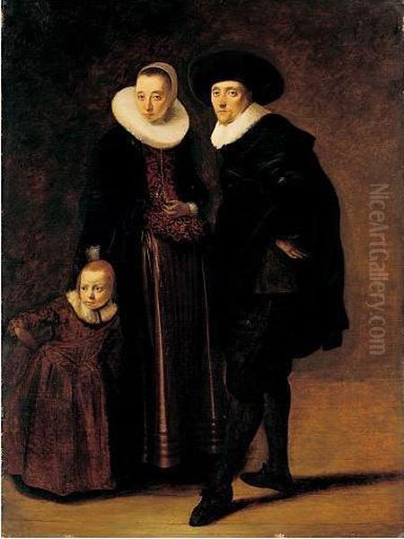 Portrait Of A Married Couple With Their Son, Full-length Standing Oil Painting by Gerrit van Donck