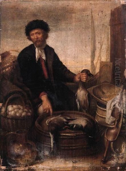 A Poultry Seller On A Quay Oil Painting by Gerrit van Donck