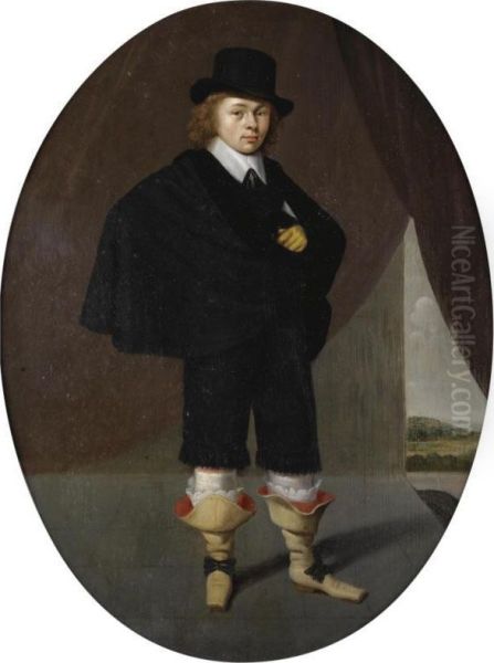 Portrait Of A Gentleman, Full Length, Wearing A Black Cape, Black Trousers And A Black Hat, A Landscape Beyond Oil Painting by Herman Mijnerts Doncker