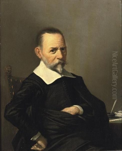 Portrait Of A Gentleman, Half-length, In A Black Costume With A White Collar And Cuffs, Seated At A Writing Desk Oil Painting by Herman Mijnerts Doncker