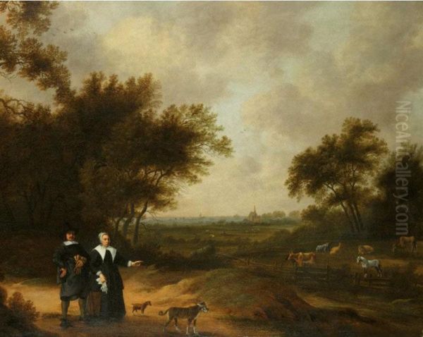 A Double Portrait Of A Couple Promenading With Their Dogs Through Their Country Estate Oil Painting by Herman Mijnerts Doncker