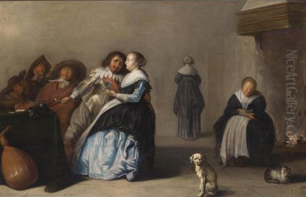 A Brothel Scene With Three Men Sleeping Around A Table, A Dog And Cat In The Foreground Oil Painting by Herman Mijnerts Doncker