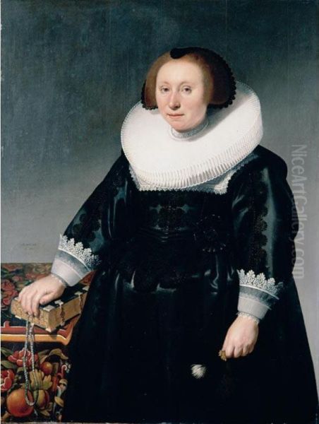 Portrait Of A Lady, Three-quarter Length, Wearing A Black Embroidered Dress And Standing Next To A Table With Her Hand On A Book Oil Painting by Herman Mijnerts Doncker