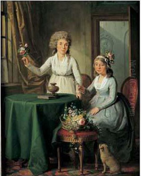 Deux Jeunes Femmes Preparant Un Bouquet Dans Un Interieur Oil Painting by Guillaume Dominique Doncre