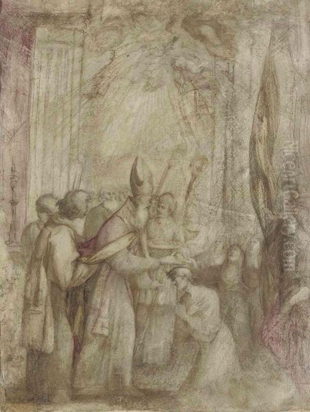 Giovanni Andrea Donducci, Il Mastelletta A Bishop Offering A Benediction To A Kneeling Figure, Accompaniedby Acolytes, Pious Women And A Flagbearer With Indistinct Inscription Pen And Brown Ink, Brown, Rose And Ochre Oil Painting by Giovanni Andrea Donducci (see MASTELLETTA)