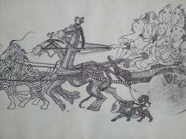 Unfinished Anti-war I Cartoon Of A Chariot Led By Zebras And Horses Oil Painting by Winnifred Donne