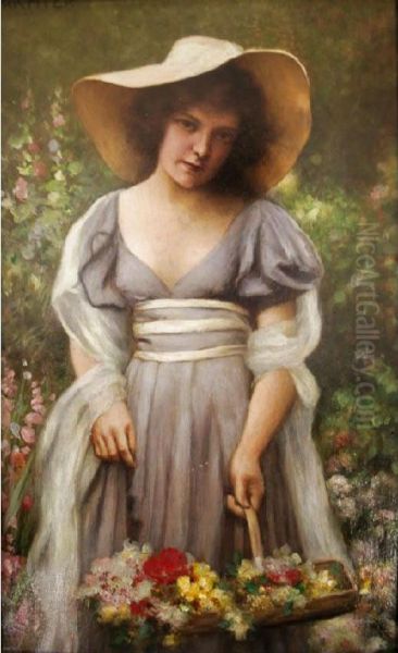 Lady With A Basket Of Flowers In A Garden Oil Painting by Ottto Donner Von Richter