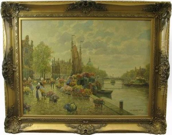 Flowervendors-amsterdam Canal Scene Oil Painting by Ottto Donner Von Richter