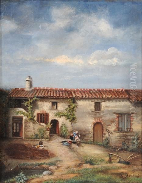 Casolare Con Contadina Che Lava Ipanni Oil Painting by Emilio Donnini