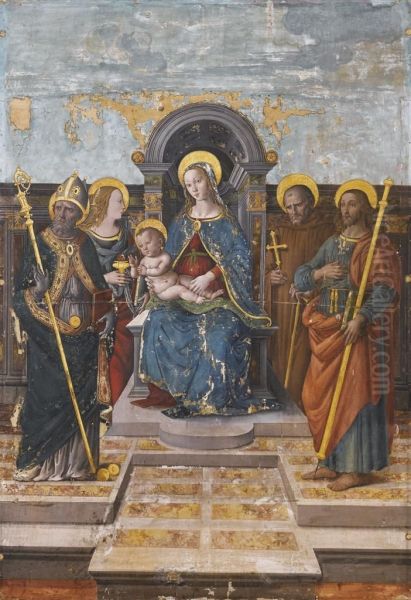 Madonna Col Bambino In Trono Fra I Santi Nicola Da Bari, Giacomo, Maddalena E Antonio Abate Oil Painting by Donnino