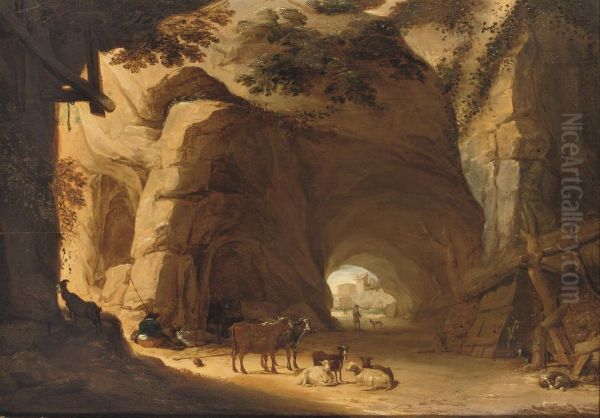 Herdsmen And Their Cattle Resting In A Grotto Oil Painting by Lambert Doomer