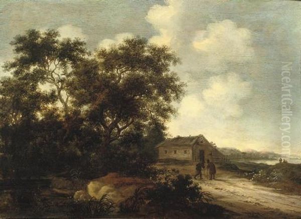 A Wooded River Landscape With Figures Outside A Cabin Oil Painting by Lambert Doomer