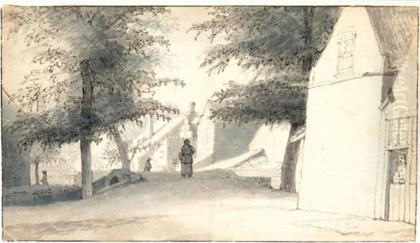 A Village Street With A Bridge Over A Stream Oil Painting by Lambert Doomer