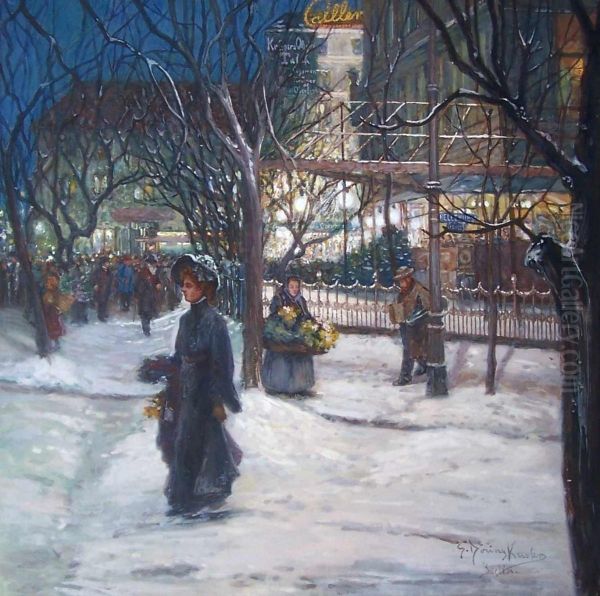 Am Alten Cafe Josty In Berlin An Einem Winterabend Mit Reicher Figurenstaffage Oil Painting by Susanne Doring-Kessler