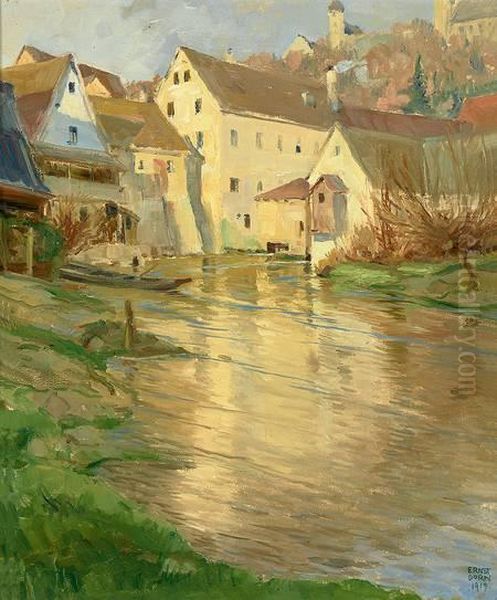 Frankisches Stadtchen Mit Burg Undkirchhugel, An Einem Fluss Gelegen Oil Painting by Ernst Dorn