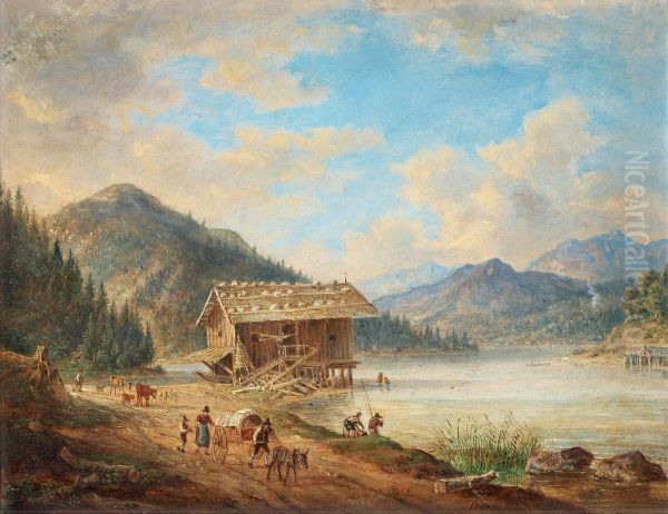 Landscape By A Lake Oil Painting by Johann Jakob Ii Dorner