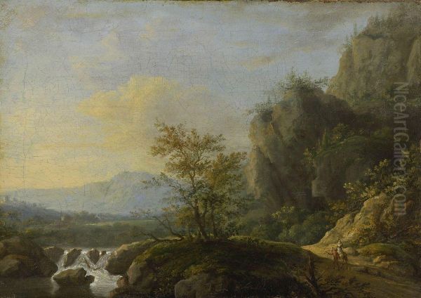 Felsige Flusslandschaft Mit Ziehendem Bauernpaar Oil Painting by Johann Jakob Ii Dorner