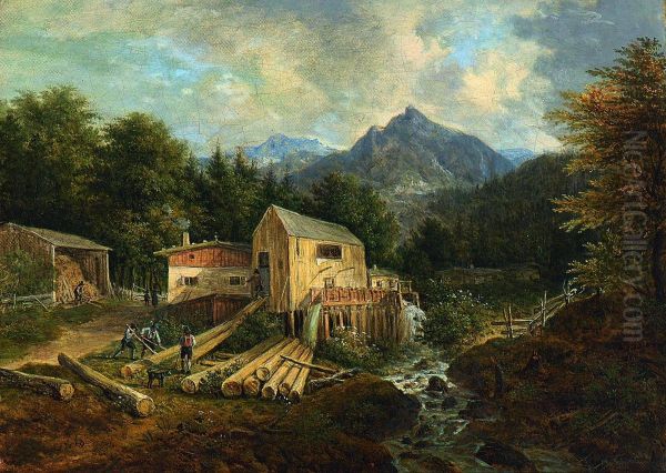 Sagemuhle Am Gebirgsbach Oil Painting by Johann Jakob Ii Dorner