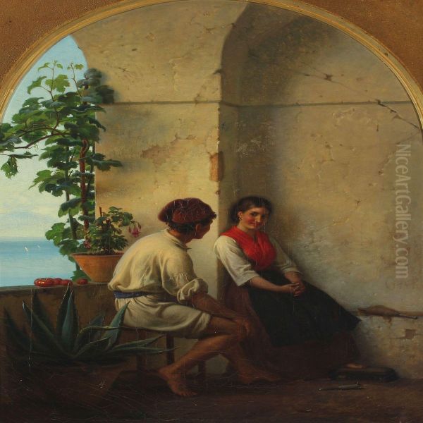 A Young Italian Couple In A Loggia By The Sea Oil Painting by Anton Laurids J. Dorph