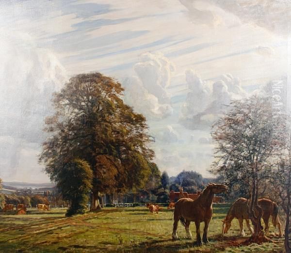 Horses Grazing In A Summer Landscape Oil Painting by Niels Vinding Dorph