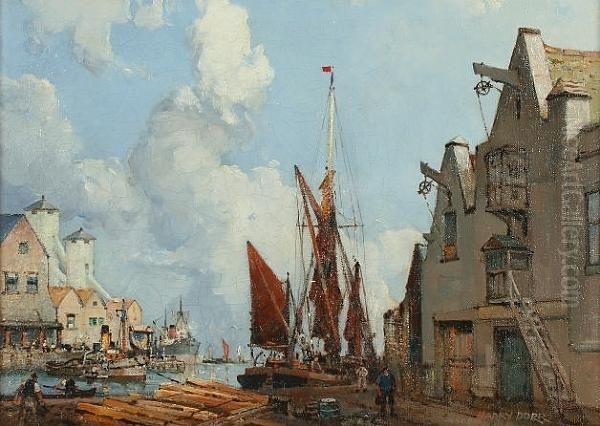 Wharfside, Ipswich Docks Oil Painting by Harry Dorr