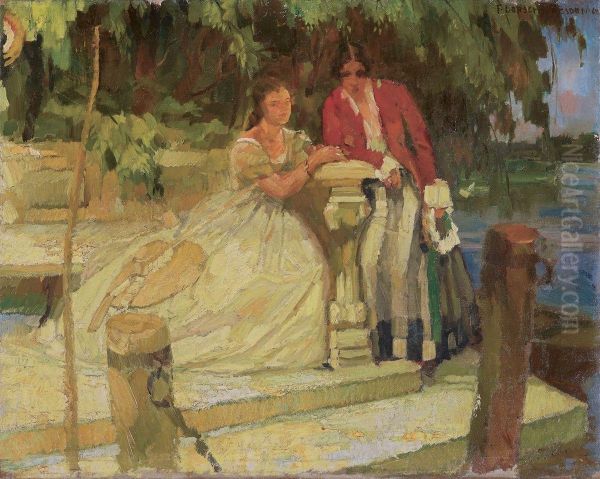 Zwei Damen Bei Einer Steinbank Am See Oil Painting by Ferdinand Dorsch