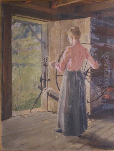 East Tennessee Mountain Woman Spinning Oil Painting by Lenore Doster Cooke