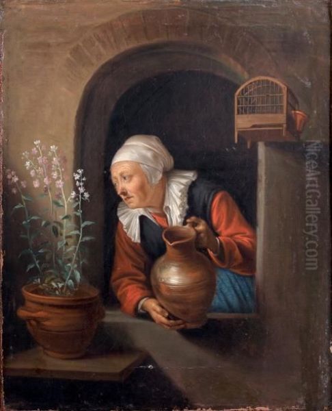 Femme A Sa Fenetre Arrosant Des Fleurs Oil Painting by Gerrit Dou