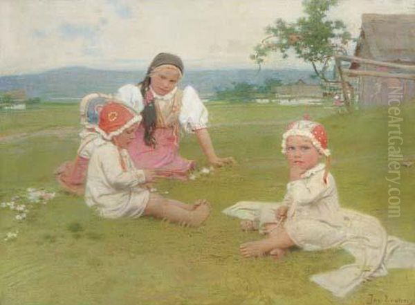 Playtime In The Meadow Oil Painting by Josef Douba