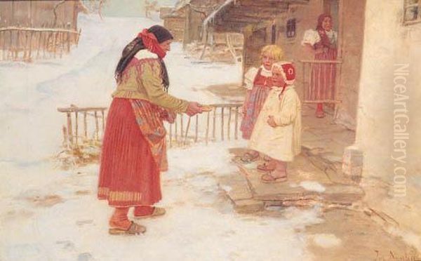 A Winter Gift Oil Painting by Josef Douba