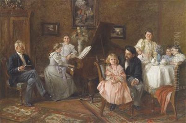 Large Family Portrait Set In The Salon Oil Painting by Frantisek Bohumil Doubek