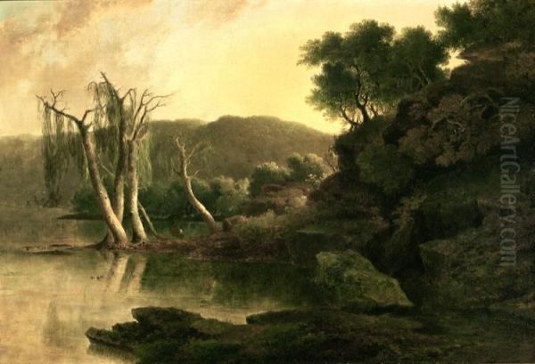 Lake Scene With Two Deer Oil Painting by Thomas Doughty