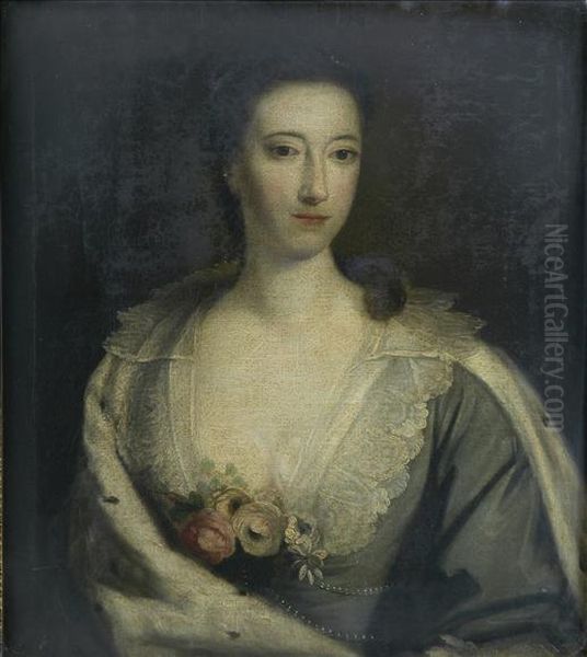 Portrait Of Mary, Duchess Of Norfolk, Half Length, Seated, Wearingermine Cape Above A Lace Bordered Green Satin Decollete Dress Withrose Corsage And Pearls Oil Painting by William Doughty