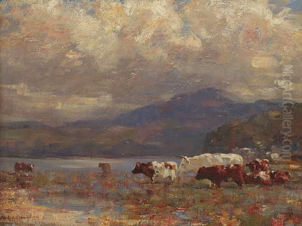 Cattle In A Highland Landscape Oil Painting by Andrew Douglas