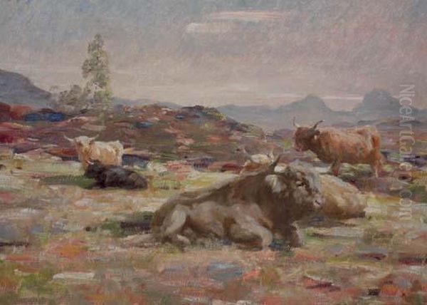 Highland Cattle On The Moor Oil Painting by Andrew Douglas