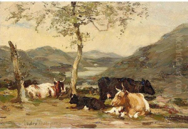 Cattle Resting Under A Tree Oil Painting by Andrew Douglas