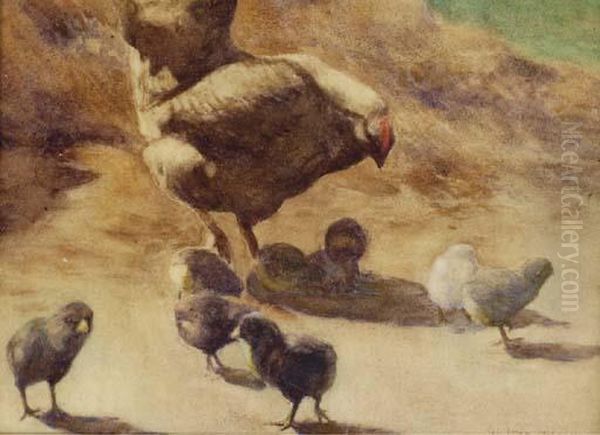 A Hen And Chicks In A Farmyard Oil Painting by Walter Douglas