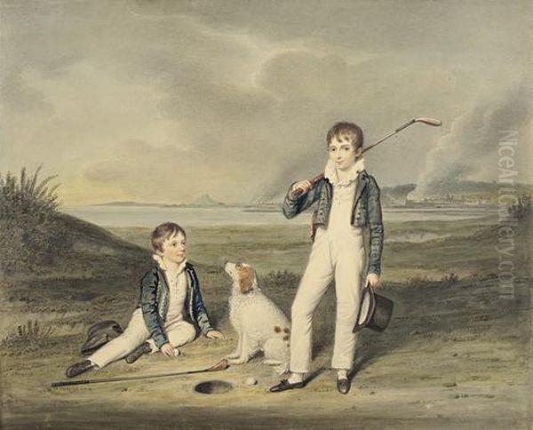 Two Boys With Golf Clubs And A Dog On Old Musselburgh Links Oil Painting by William Douglas