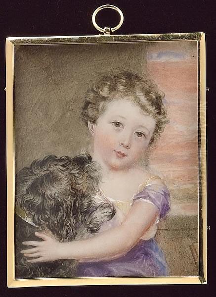 A Child, Wearing Mauve Dress With Gold Shoulder Straps, Playing Witb A Dog, Stone Background, Landscape In The Distance Oil Painting by William Douglas