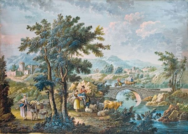 Zwei Italienische Landschaften Mit Hirten Oil Painting by Zacharie Felix Doumet